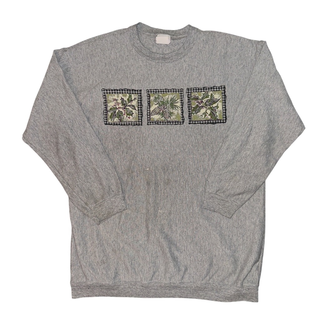Vintage Holiday Time Gray Christmas Sweatshirt Holly Pinecone Embroidery 18W/20W